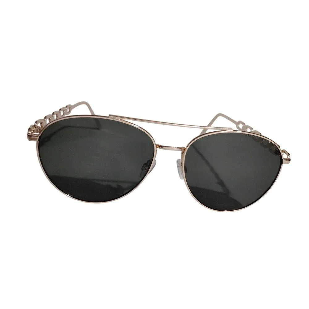 Gold Chain‎ Detail Oval Sunglasses Dark Lenses Aviator Style